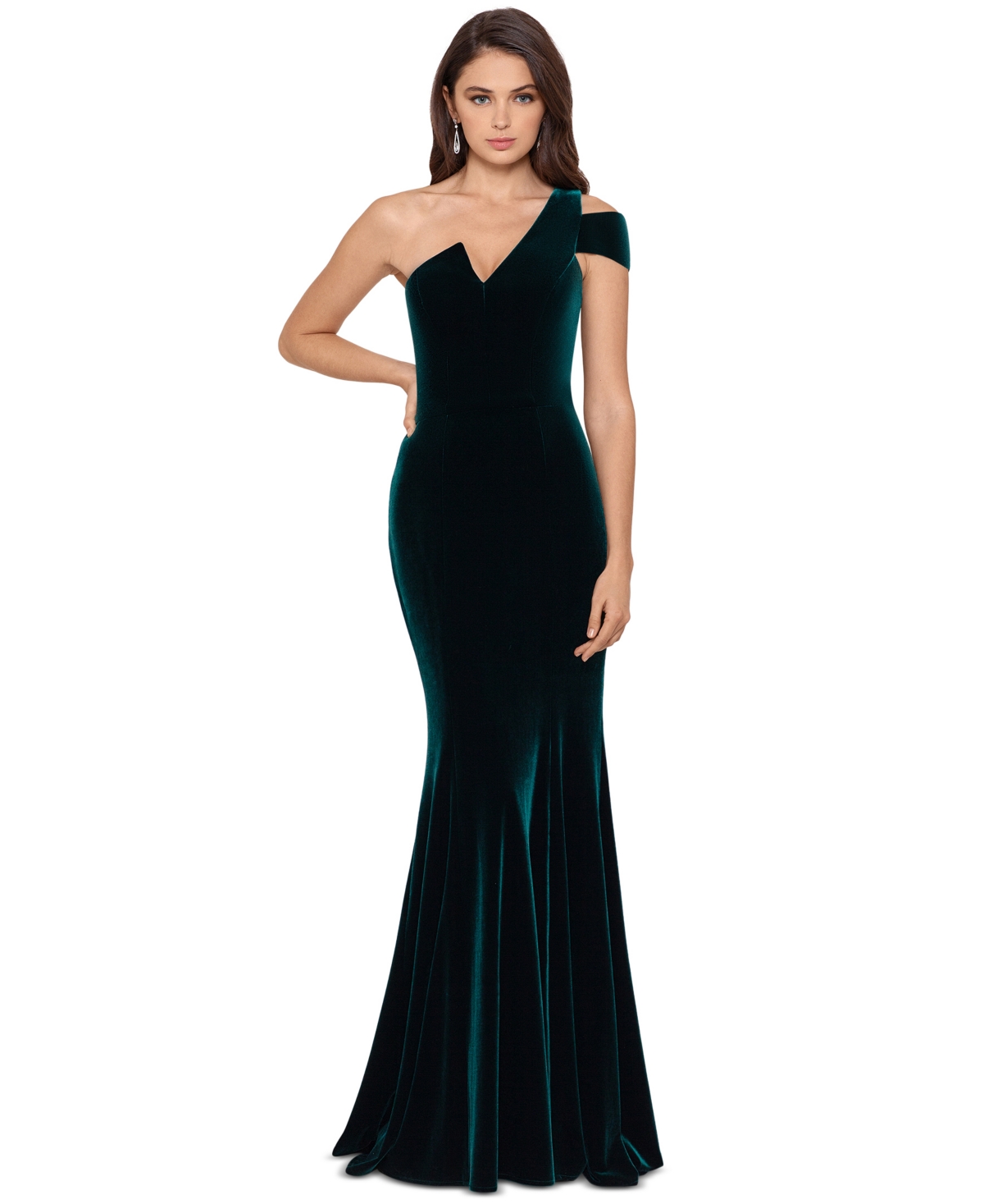 Betsy & Adam Velvet One-Shoulder Gown