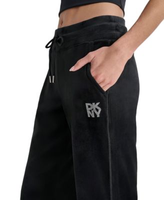 Women's Velour Rhinestone-Logo Side-Slit Track Pants