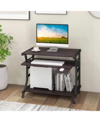 Mobile Computer Desk with Keyboard Tray Mouse Tray and Shelf-Dark Brown
