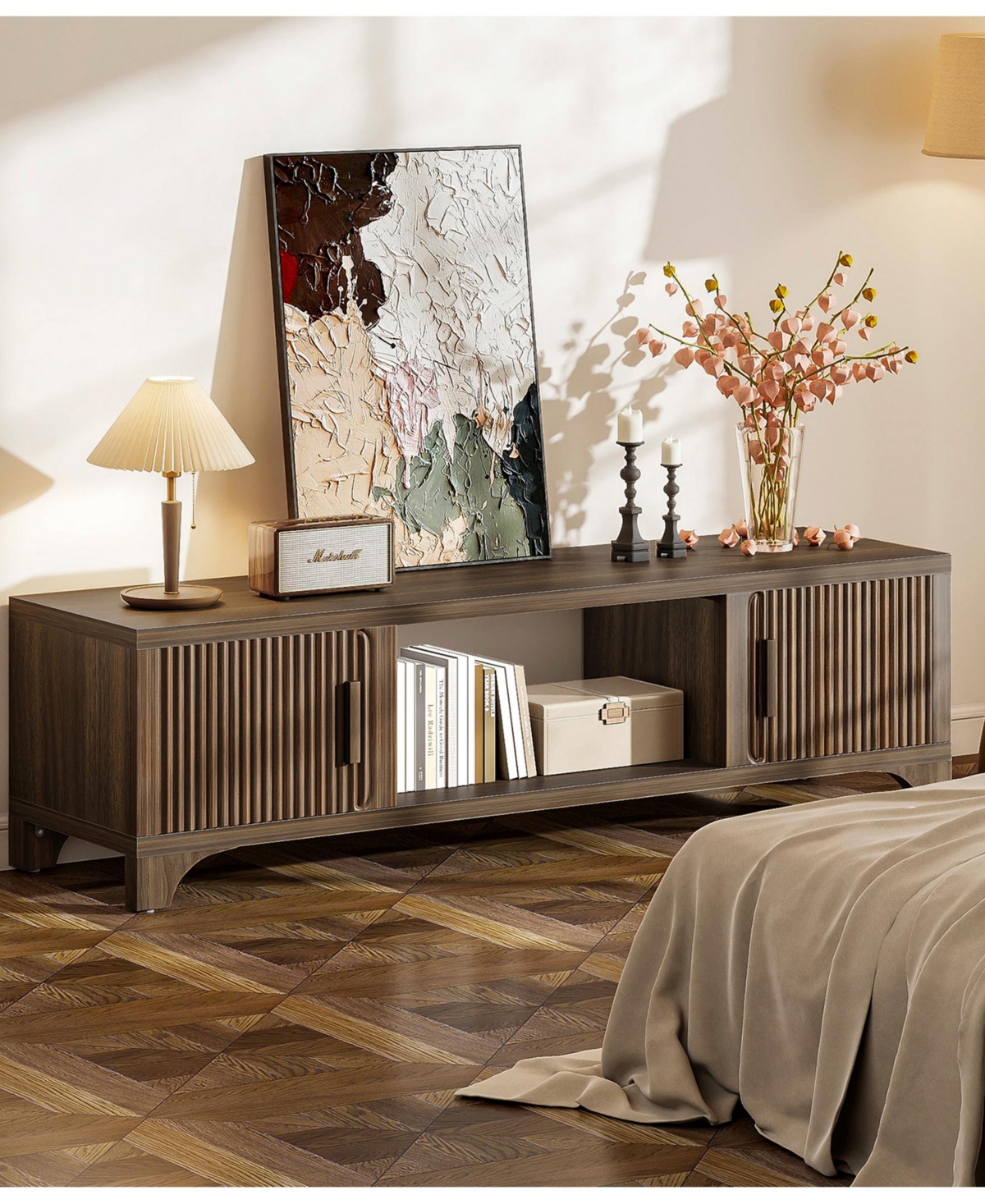 Sugift Mid-Century Tv Stand for 32–65" TVs with Fluted Doors & Cable Management