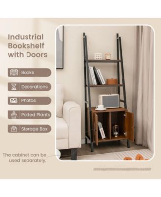 4-Tier Ladder Shelf with Cabinet and Metal Frame-Rustic Brown