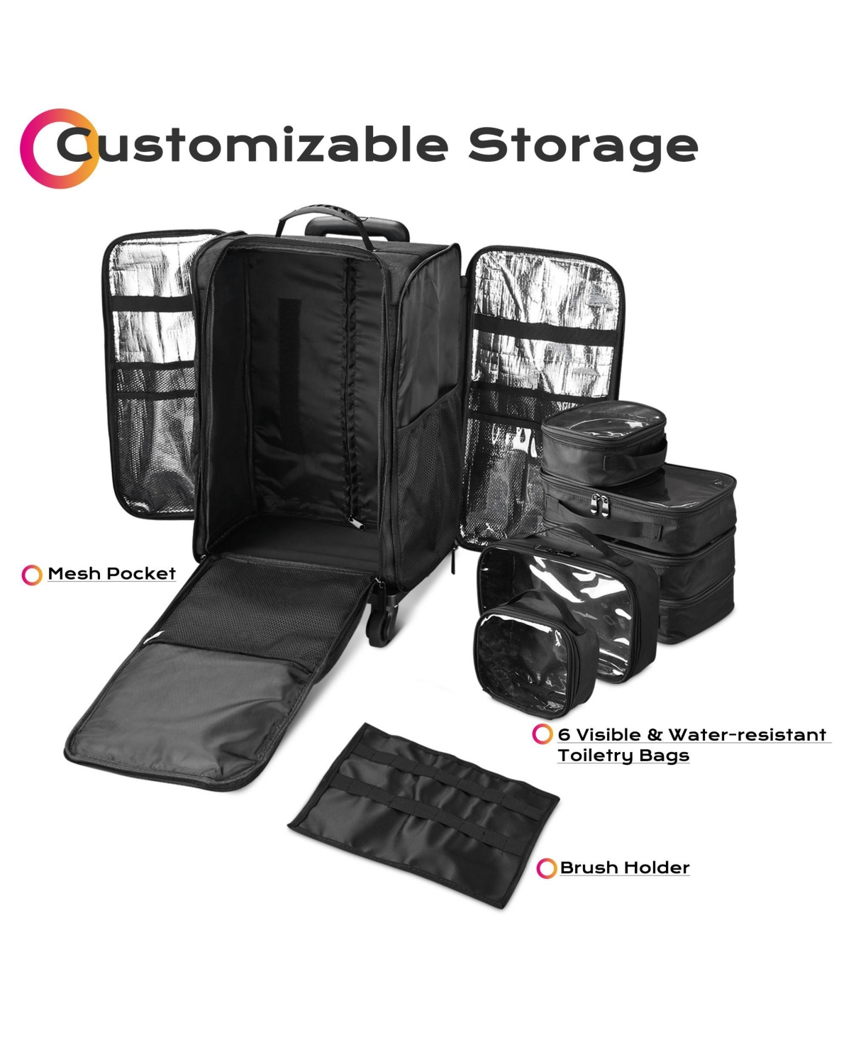 Byootique Rolling Makeup Train Case & Backpack Kit w/ 7 Toiletry Bags Artist