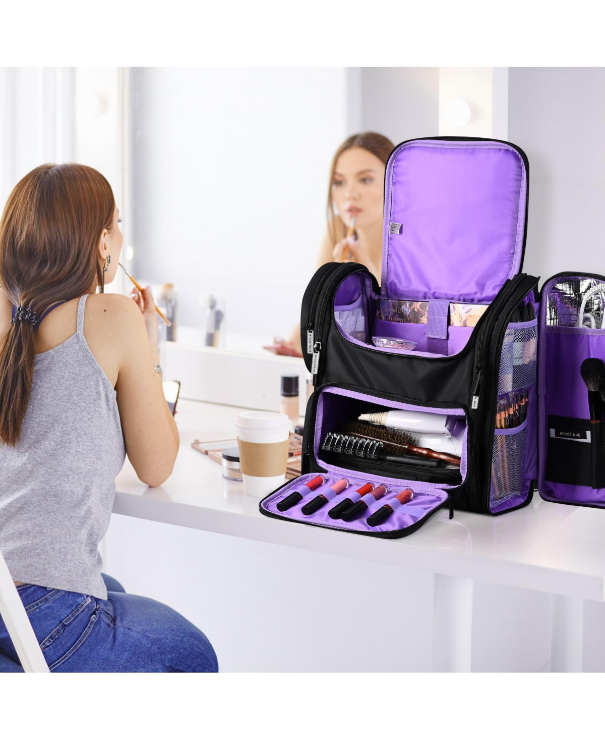 Byootique Portable Soft Sided Makeup Backpack Travel Barber Cosmetic Storage Organizer Travel with Removable Pouch for Makeup Artist Hairstylist, Purp