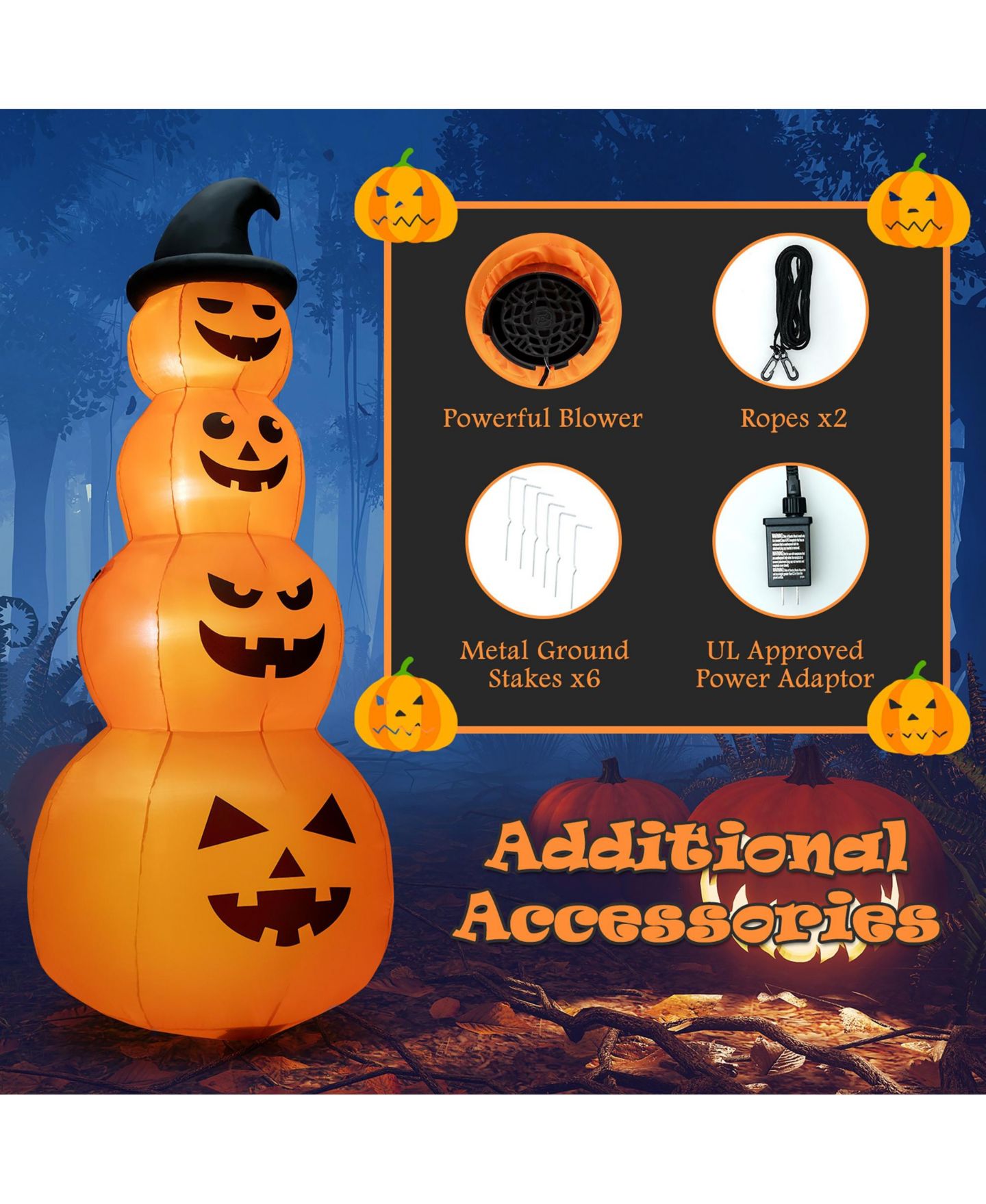 Детская игрушка VEBREDA 8 Feet Inflatable Halloween Pumpkins Stack with Built-in LED Lights, цвет: Оранжевый — фото 3