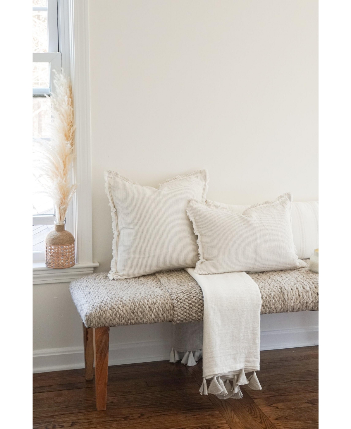 Anaya HomePinstripe Fringe Soft Linen Pillow - Beige