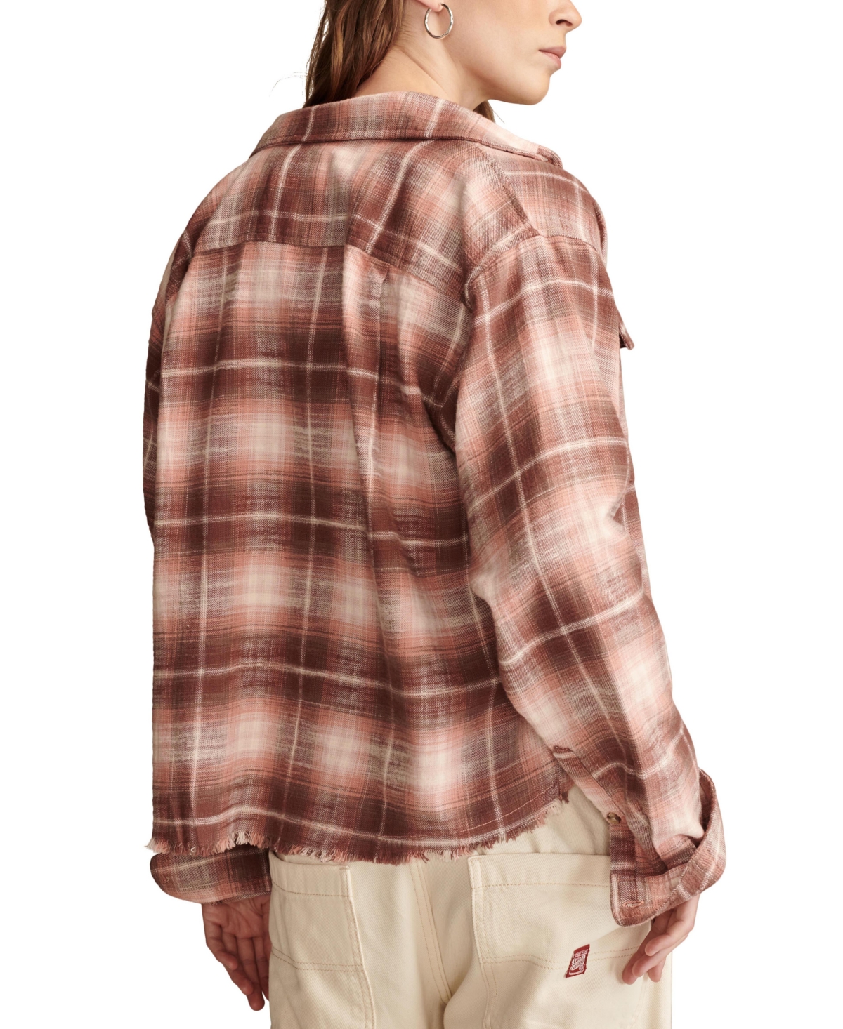 LUCKY BRAND WOMEN'S COTTON RAW EDGE PLAID CROPPED BUTTON DOWN TOP 