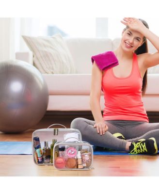 Set of 2 Clear Makeup Bag Cosmetic Organizer Travel Toiletry Pouch Handle Zipper for Makeup Artist Pink