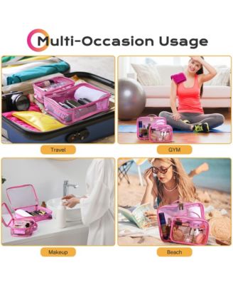 Set of 2 Clear Makeup Bag Cosmetic Organizer Travel Toiletry Pouch Handle Zipper for Makeup Artist Pink