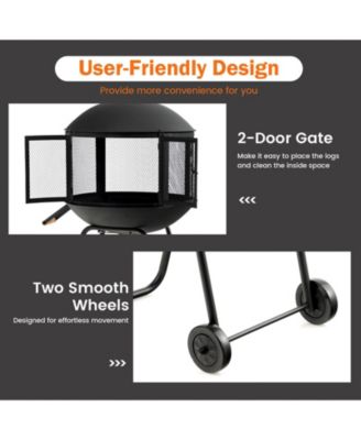 28 Inch Portable Fire Pit on Wheels with Log Grate-Black