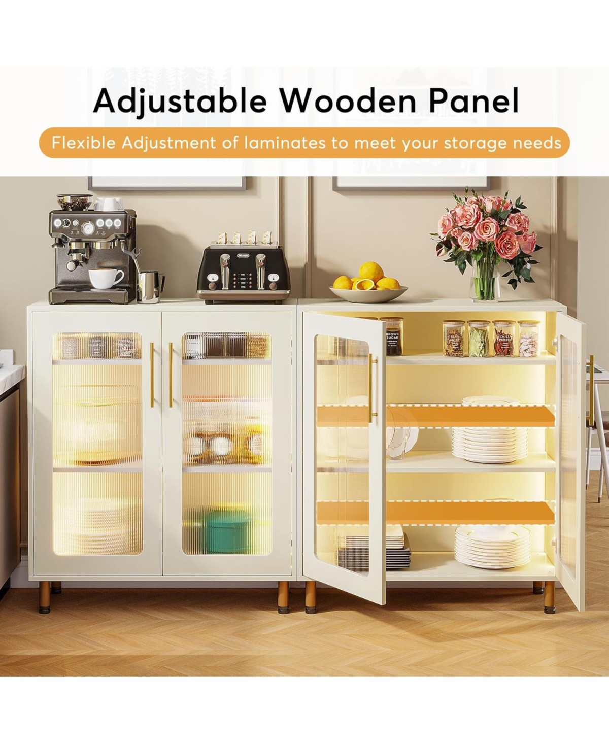 Tribesigns Set of 2 Buffet Cabinet with Storage, Modern Kitchen Accent Cabinet with Acrylic Doors and Led Light - White  gold