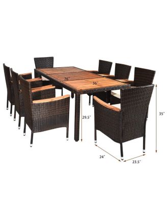 9 Pieces Rattan Dining Set with Acacia Wood Table and Stackable Cushioned Chairs