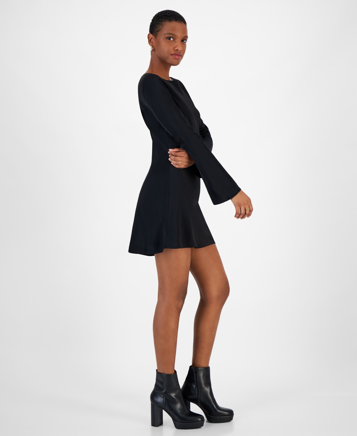French Connection Ennis Long Sleeve Satin Minidress In Black