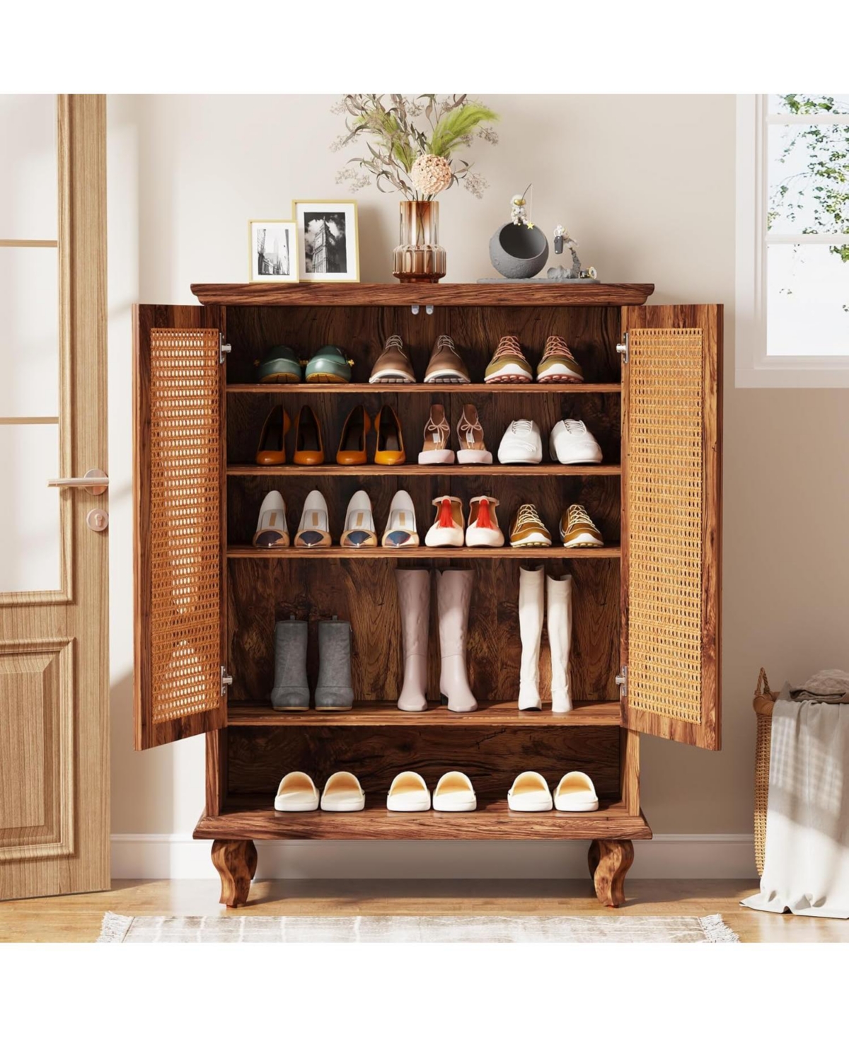 Tribesigns Rattan Shoe Cabinet for Entryway, 5-Tier Hidden Shoe Organizer Cabinet with Ventilated Doors, Modern Freestanding 25-Pair Shoe Rack C