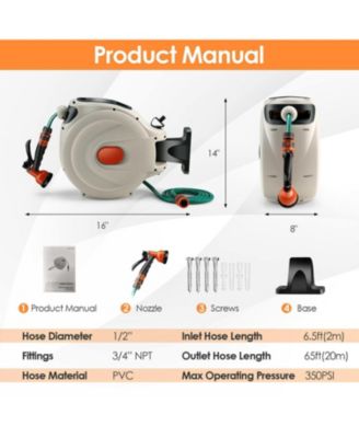 98ft Wall Mounted Retractable Garden Hose Reel with Hose Nozzle and Auto Rewind