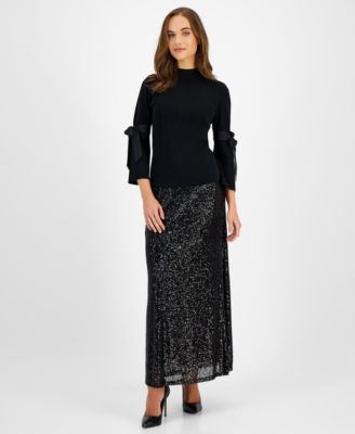 Womens Mock Neck Tie Sleeve Sweater Sequin Maxi Skirt