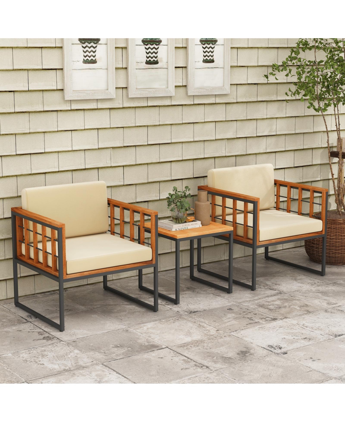 Givimo 3 Pieces Patio Chair Set Acacia Wood Outdoor Sofa Set with Soft Cushions- Beige