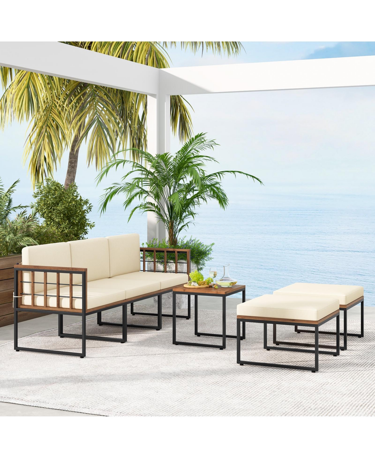 6 Pieces Acacia Wood Patio Furniture Set with Coffee Table and Ottomans-Beige