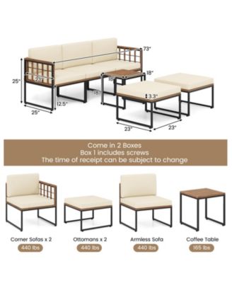 6 Pieces Acacia Wood Patio Furniture Set with Coffee Table and Ottomans-Beige