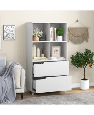 4-Tier Open Bookcase with 2 Drawers and 4 Storage Cubes-White