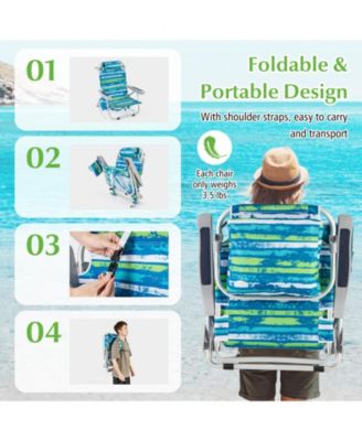 Foldable Backpack Beach Chair with Cup Holder and Storage Pockets for Outdoor-Blue and Green