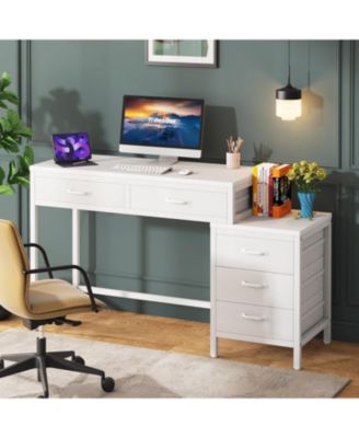 Computer Desk with 5 Drawers, Home Office Desks with Reversible Drawer Cabinet Printer Stand, Rustic Study Writing Table Workstation