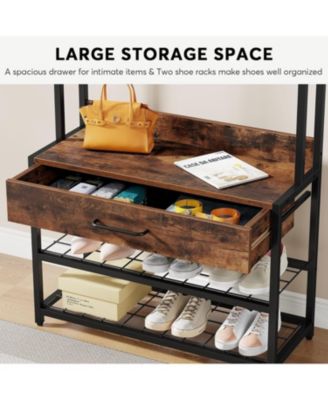 3 in 1 Entrance Area Hallway Tree with Drawer, Vintage Industrial Coat Rack with Shoe Bench and Stable, Mudroom Bench with Shoe Rack and 9 Hooks for Living Room Bedroom (Brown)