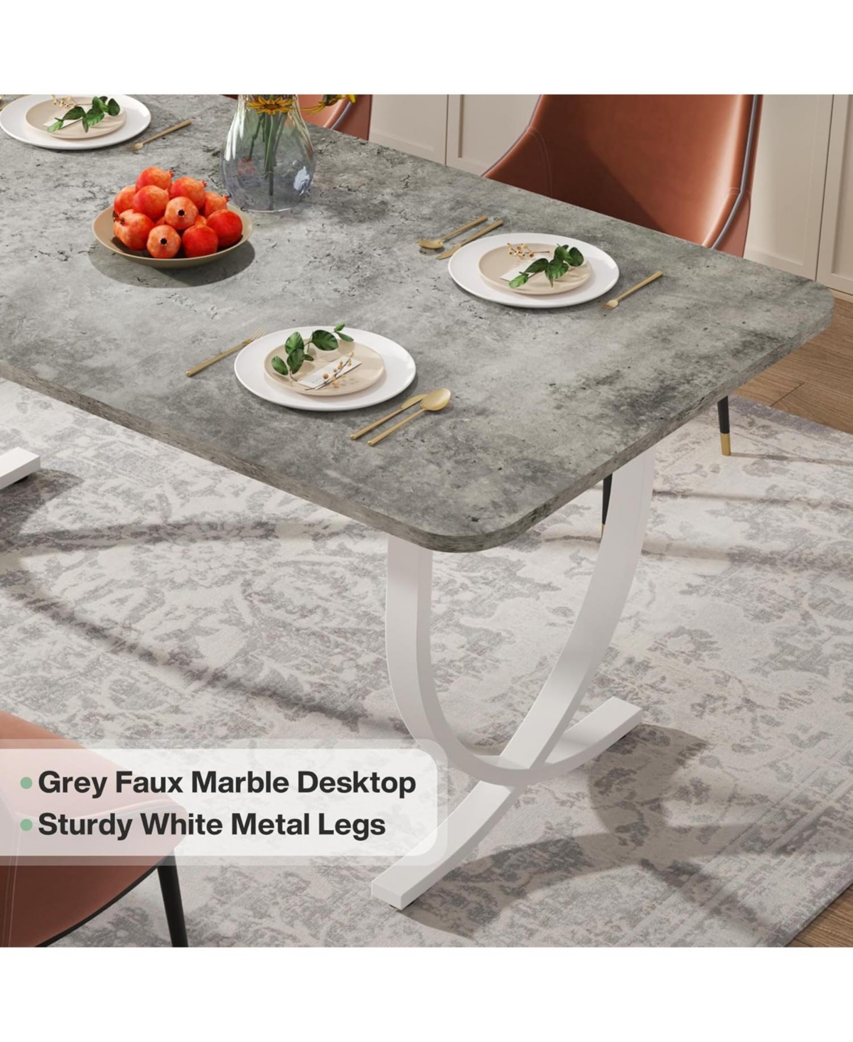 Tribesigns Rectangular Dining Table for 4, Inches Modern Kitchen Table with Faux Marble Table Top and Metal Legs for Dining Room, Kitchen - Grey an