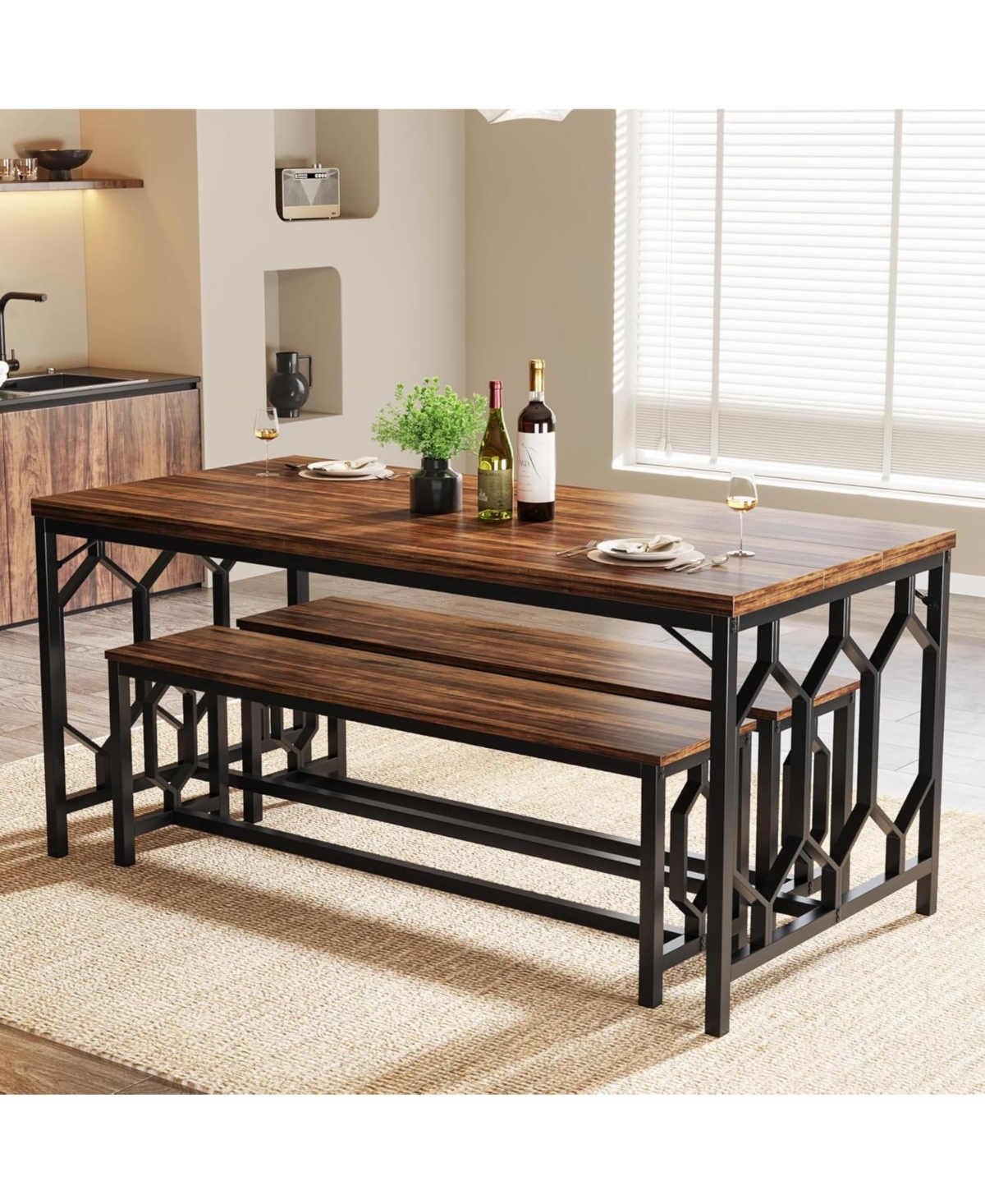 Tribesigns 55-Inch Dining Table Set for 4 to 6, Kitchen Breakfast Table with 2 Benches, Rectangular 3-Piece Wood Modern Industrial Bar Table Fur