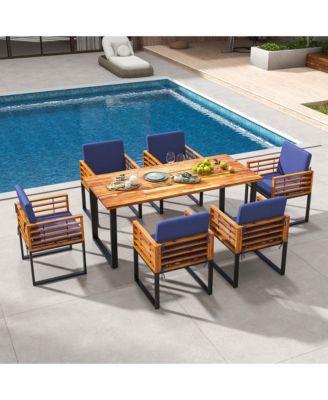 7pcs Patio Acacia Wood Dining Chair & Table Set Heavy-Duty Space-Saving Outdoor