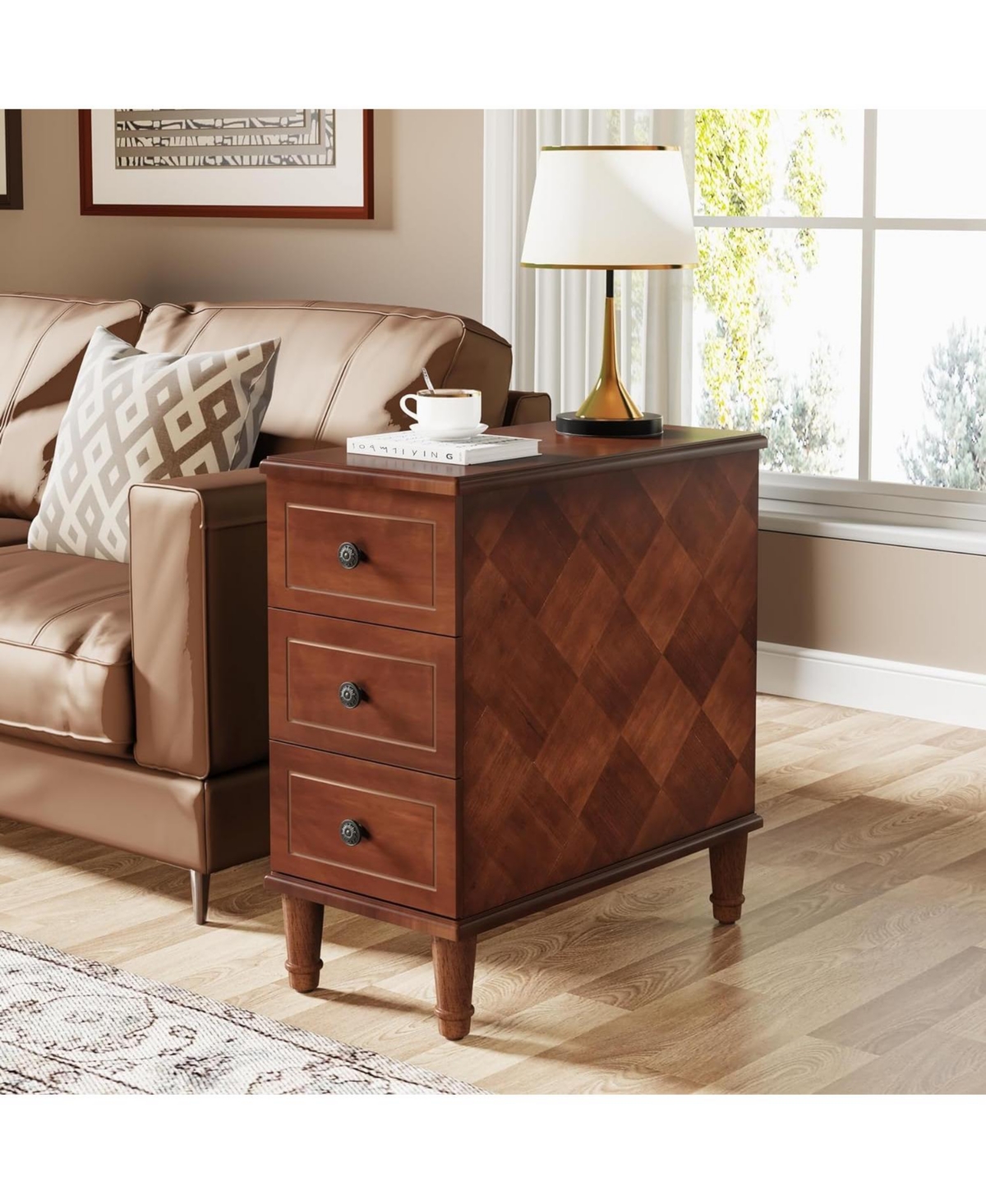 Tribesigns Solid Wood End Table, Fully Assembled Narrow Side Table with Drawers, Pre-Assembled Nightstand Slim Bedside Table for Spaces, Living