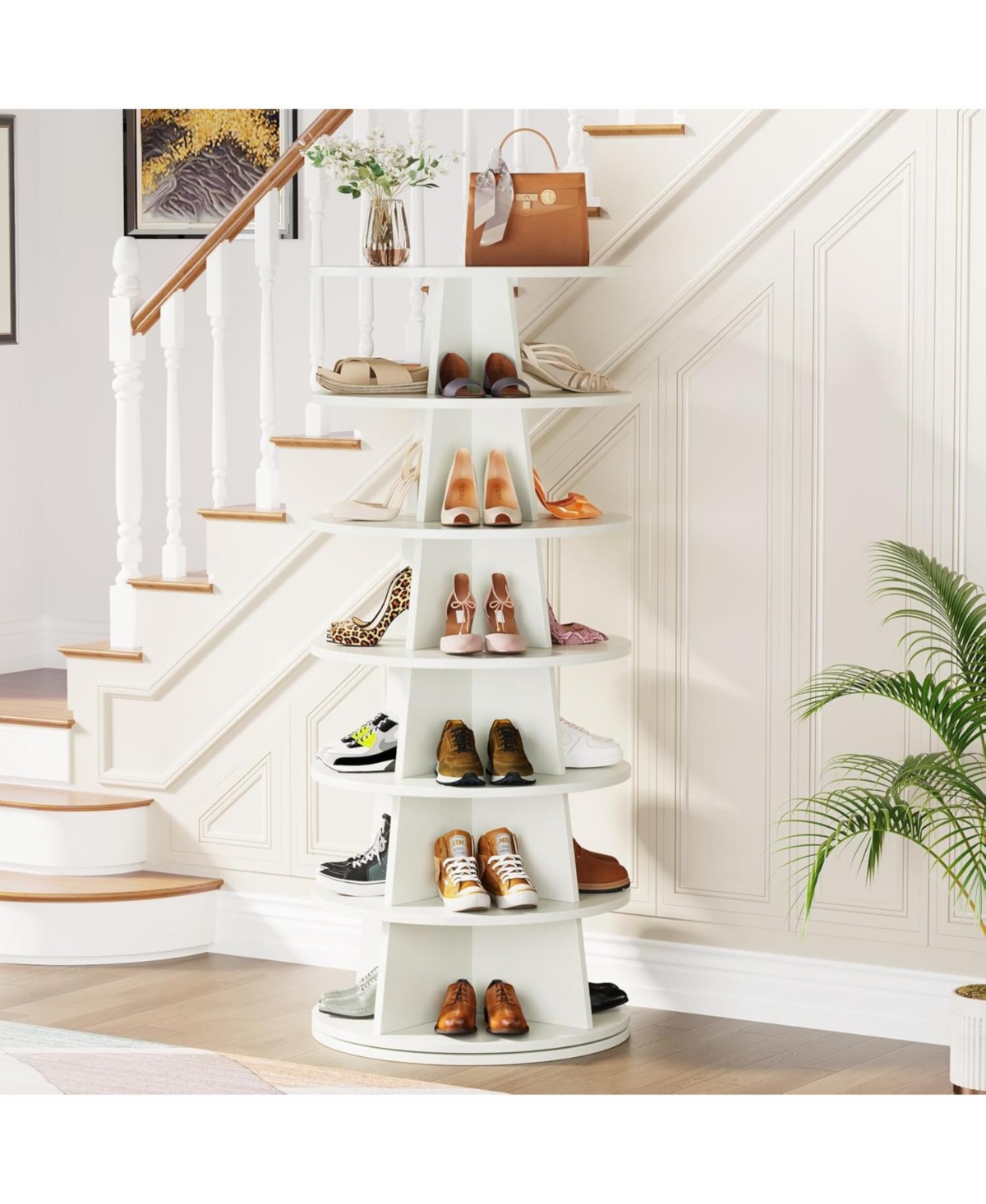 Tribesigns Rotating Shoe Rack, 7-Tier Revolving 24 Pairs Shoe Storage Shelf Tower, Modern Free Standing Wood Space-Saving 360° Spinning Shoe Orga