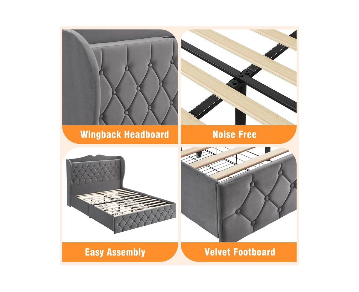 gaomon Upholstered Velvet Bed Frame With 4 Storage Drawers and Charging Station, Button Tufted Platform Bed With Wingback Headboard Shelf, Heavy Duty