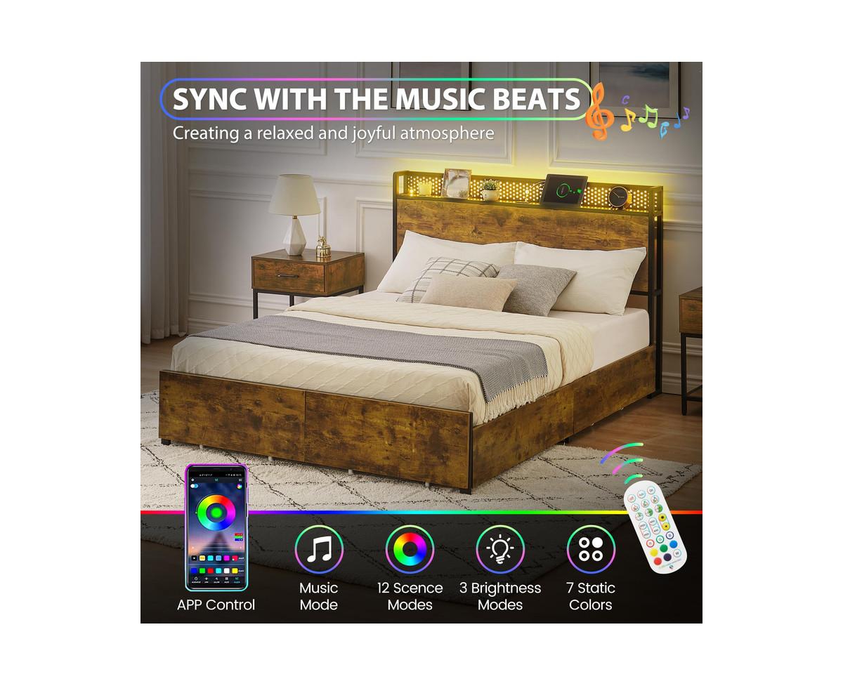 gaomon Bed Frame with Led Lights and Usb Charging Ports Headboard