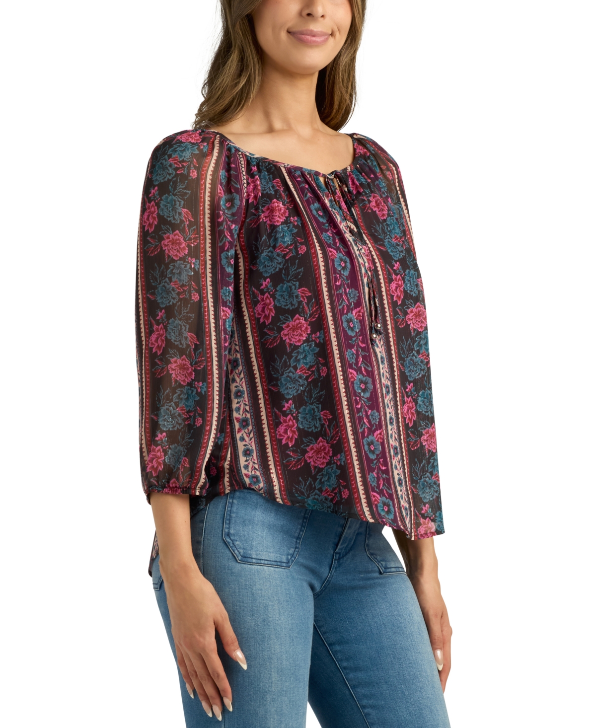 BCX JUNIORS' PRINTED ROUND-NECK 3/4-SLEEVE PEASANT BLOUSE 