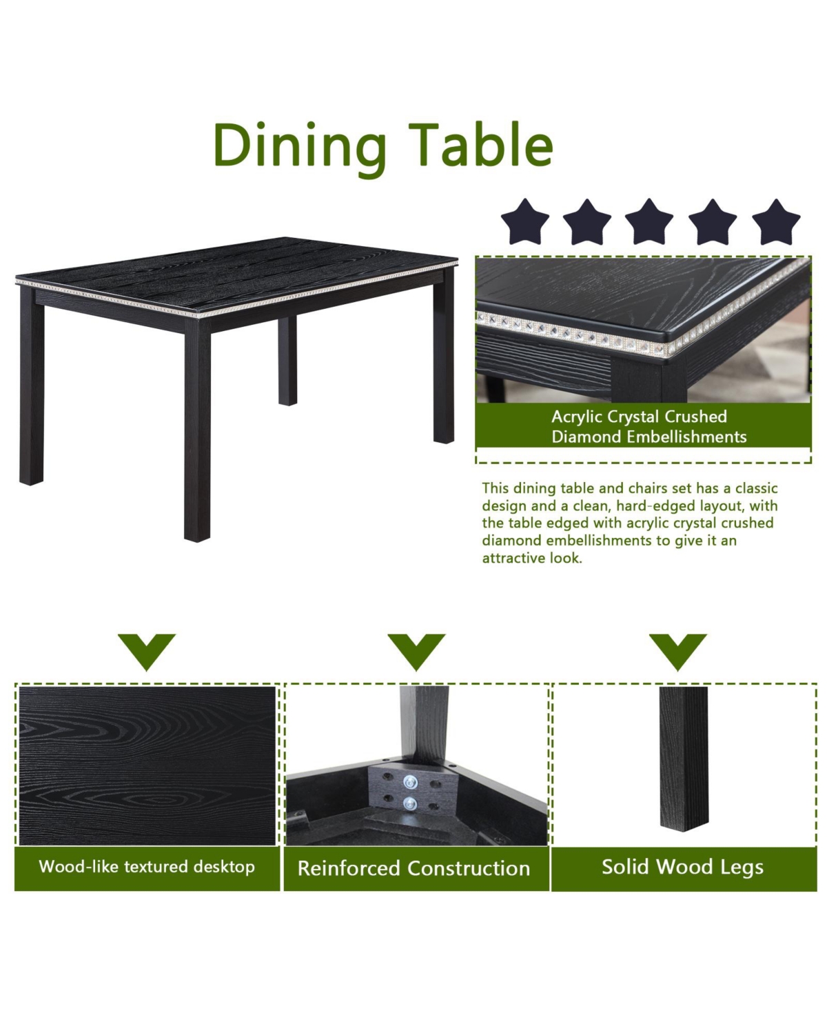 Streamdale Furniture ModernDining Table with Bench for 6 - Black
