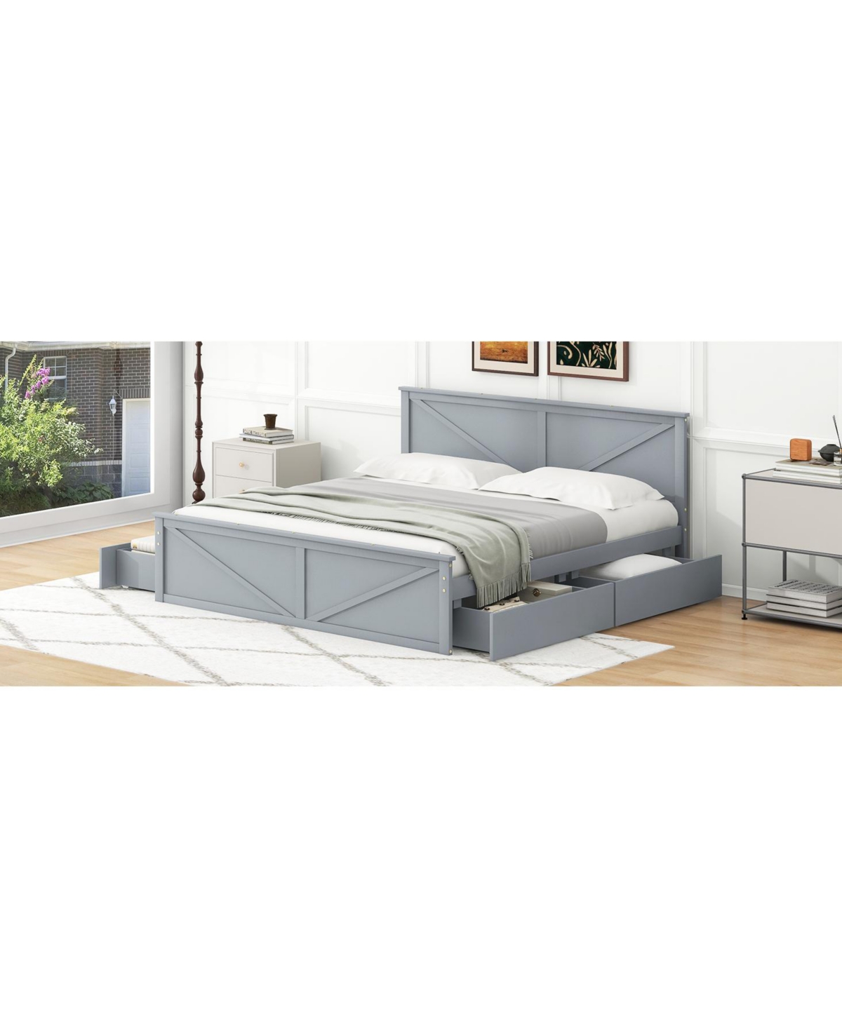 Streamdale Furniture King Size Wooden Platform Bed with Four Storage Drawers and Support Legs,- Gray