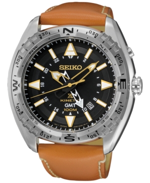 Seiko Men's Prospex Kinetic Gmt Brown Leather Strap Watch 