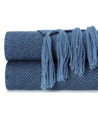 Mini Maze Acrylic Throw Blanket with Tassels Soft, Lightweight & Cozy Woven Design for Bed, Sofa, or Couch in Royal Blue (50x65").