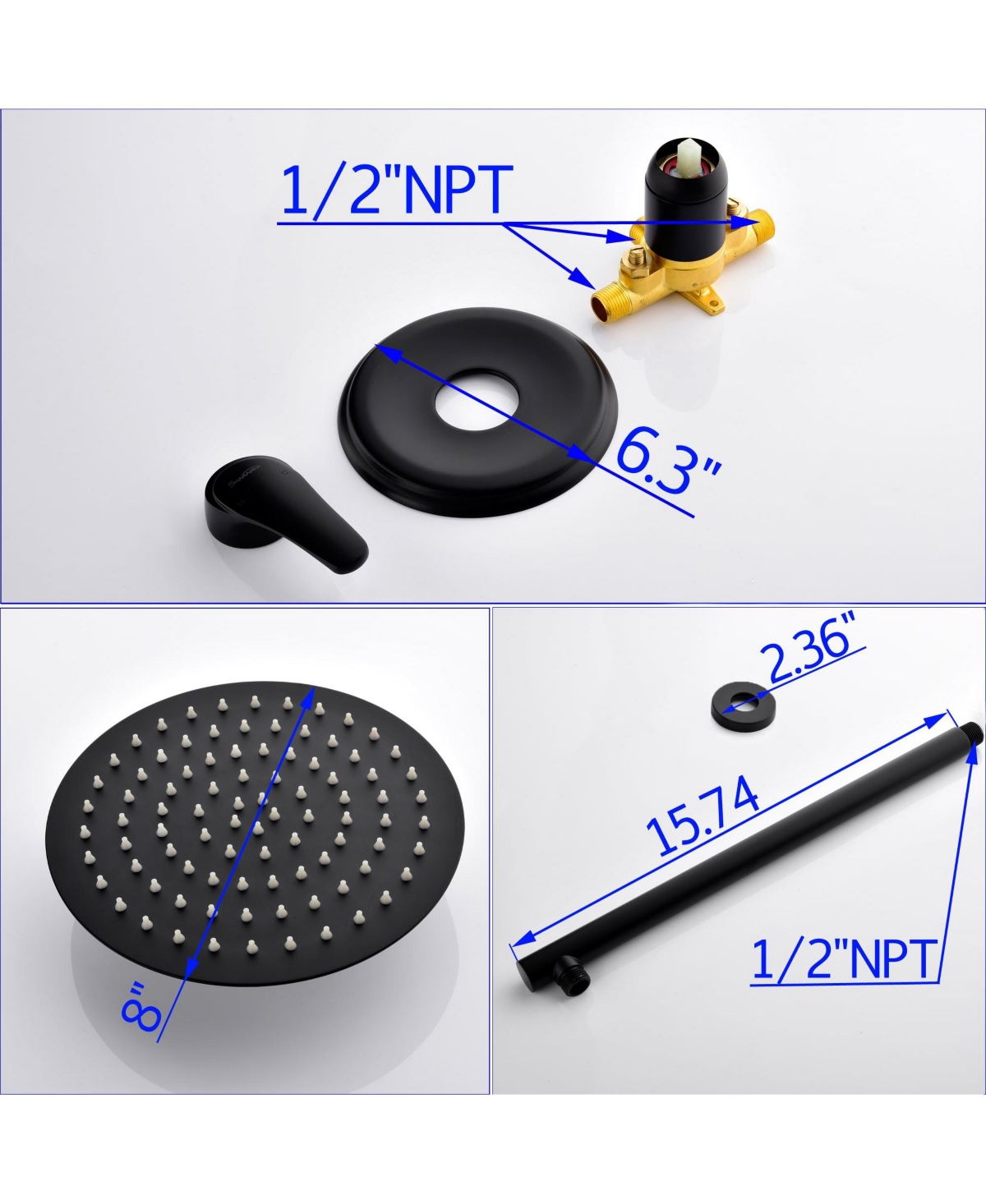 Boyel Living 1-Spray Patterns with 2.5 Gpm 8 in. Wall Mount Rain Fixed Shower Head with Single Handle and Valve