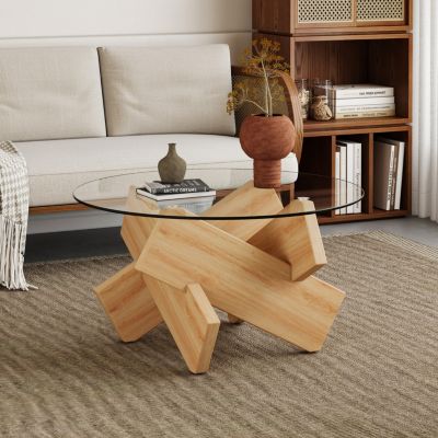 Streamdale Modern Circular Glass Coffee Table with Wood Legs