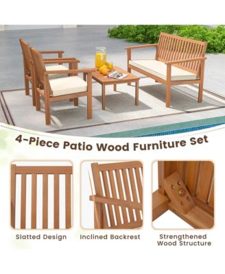 4 PCS Patio Wood Furniture Set with Loveseat, 2 Chairs & Coffee Table for Porch
