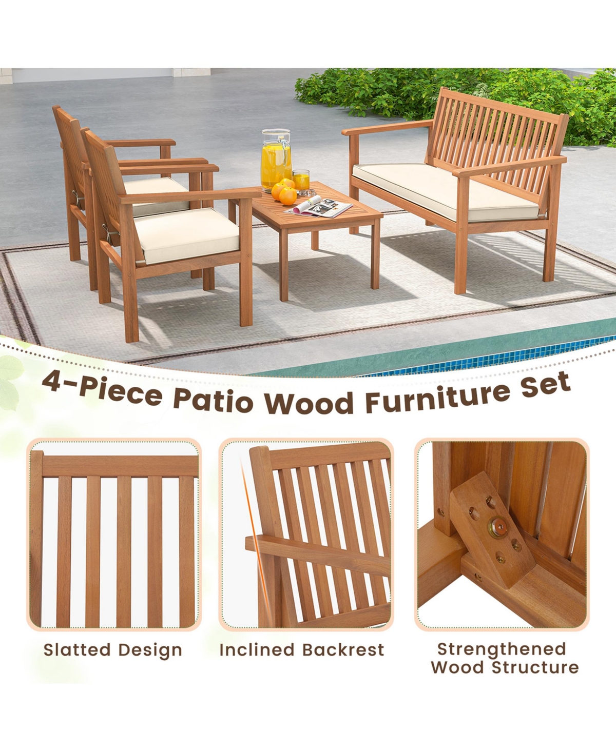 4 Pcs Patio Wood Furniture Set with Loveseat, 2 Chairs & Coffee Table for Porch