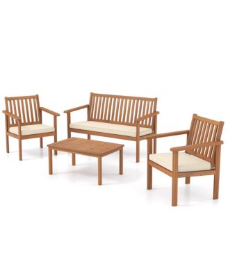 4 PCS Patio Wood Furniture Set with Loveseat, 2 Chairs & Coffee Table for Porch