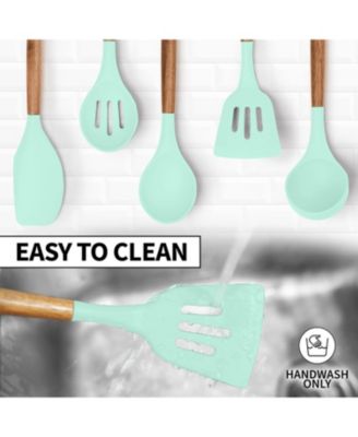 5 Piece Silicone Utensils Set with Authentic Acacia Wood Handles