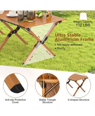 Folding Aluminum Camping Table with Carry Bag Roll-Up Picnic Table with Wood Grain