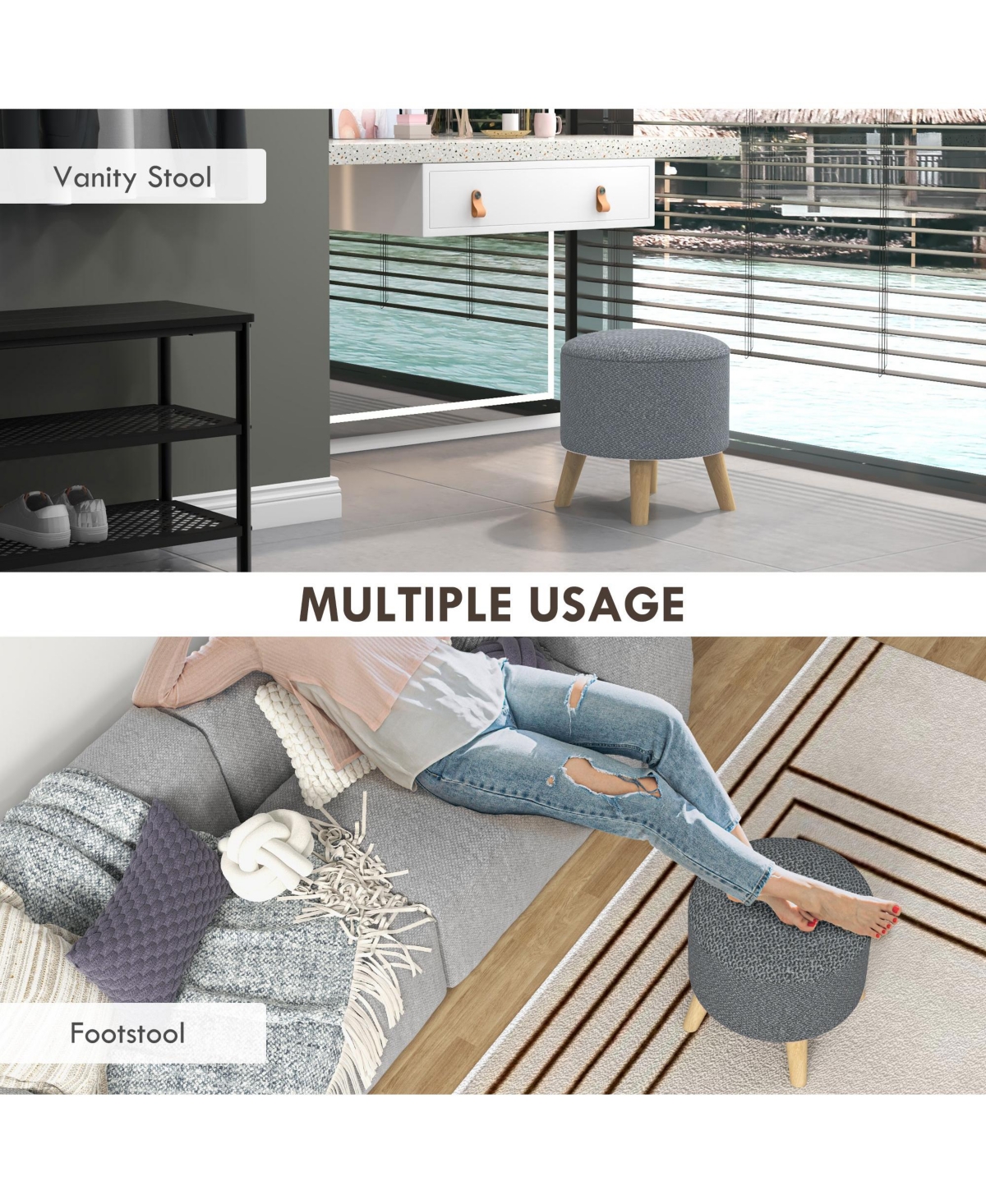 Streamdale Furniture Storage Ottoman, Round Stool Chair with Cushioned Top,- Gray