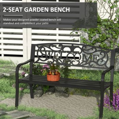 50" Black Metal Welcome Bench with Slatted Seat for Outdoor Spaces