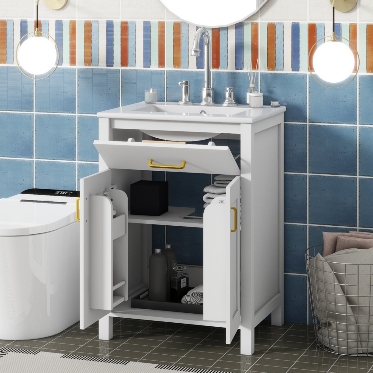 24&#x22; Space-Saving Bathroom Vanity Combo with Ceramic Sink - Gold+white