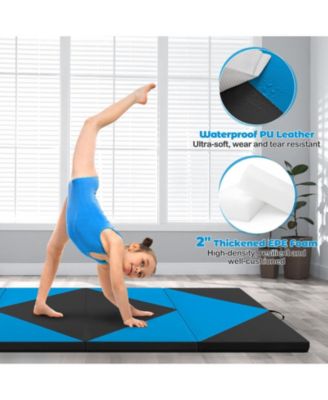 8 Feet PU Leather Folding Gymnastics Mat with Hook and Loop Fasteners-Blue