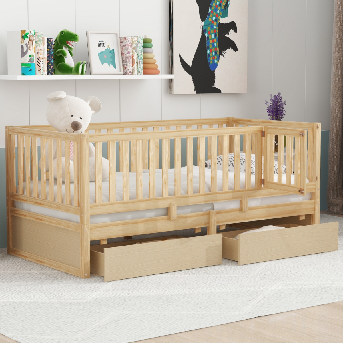 Streamdale Furniture Twin Size Wood Daybed with Guardrails and Drawers